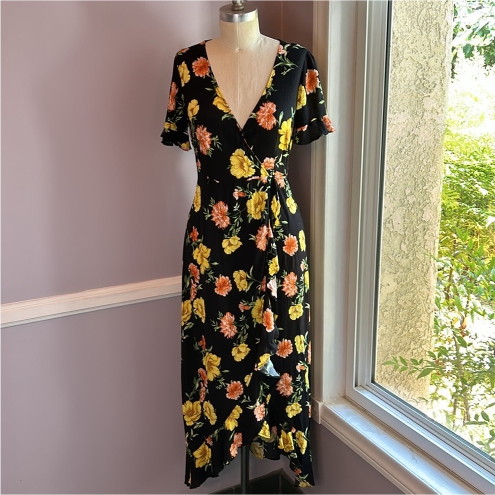 Forever 21 short sleeve high low ruffled wrap dress black yellow orange floral